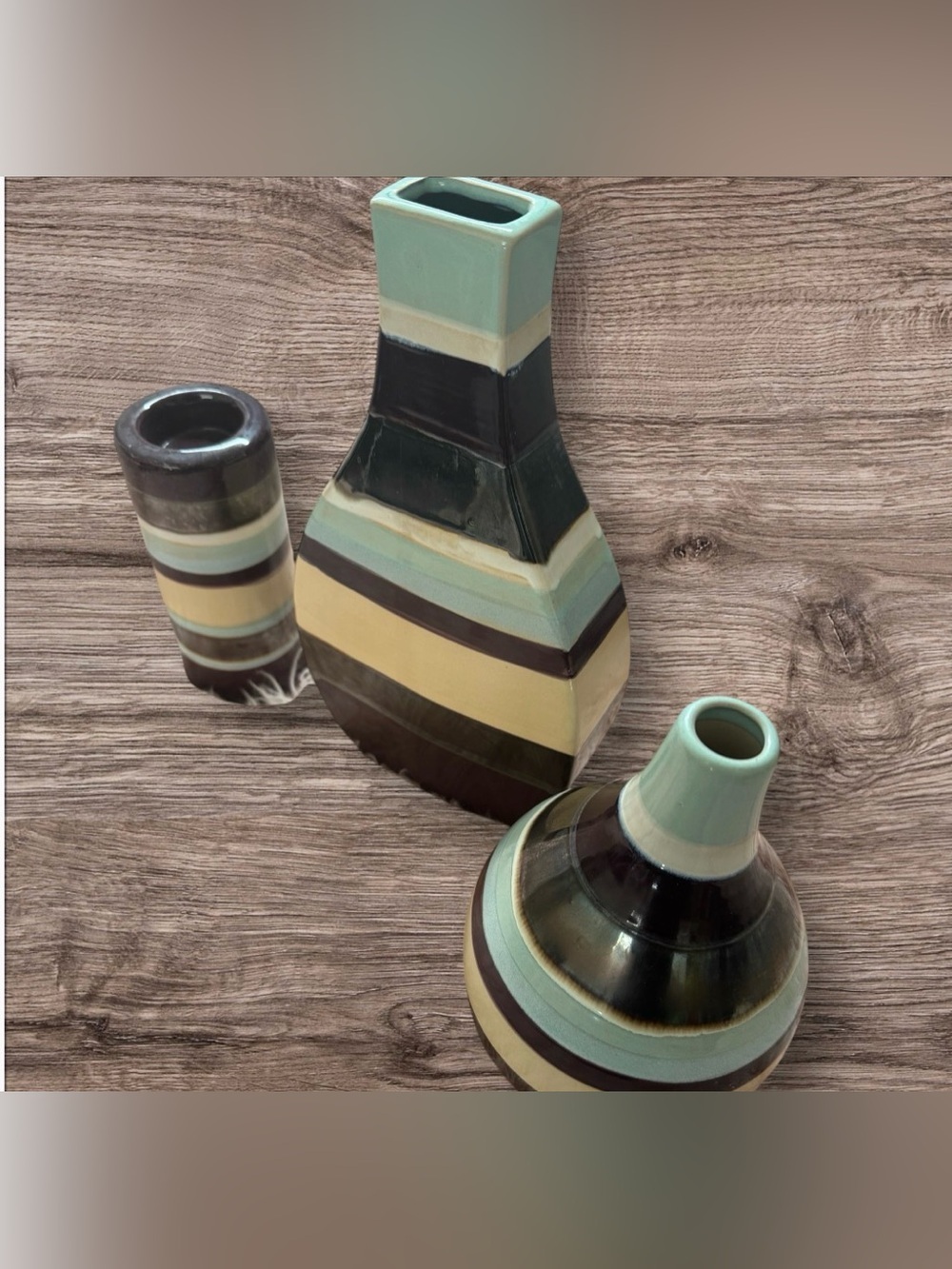 Striped Ceramic Vase Set in light Blue, Cream & Chocolate home decor.